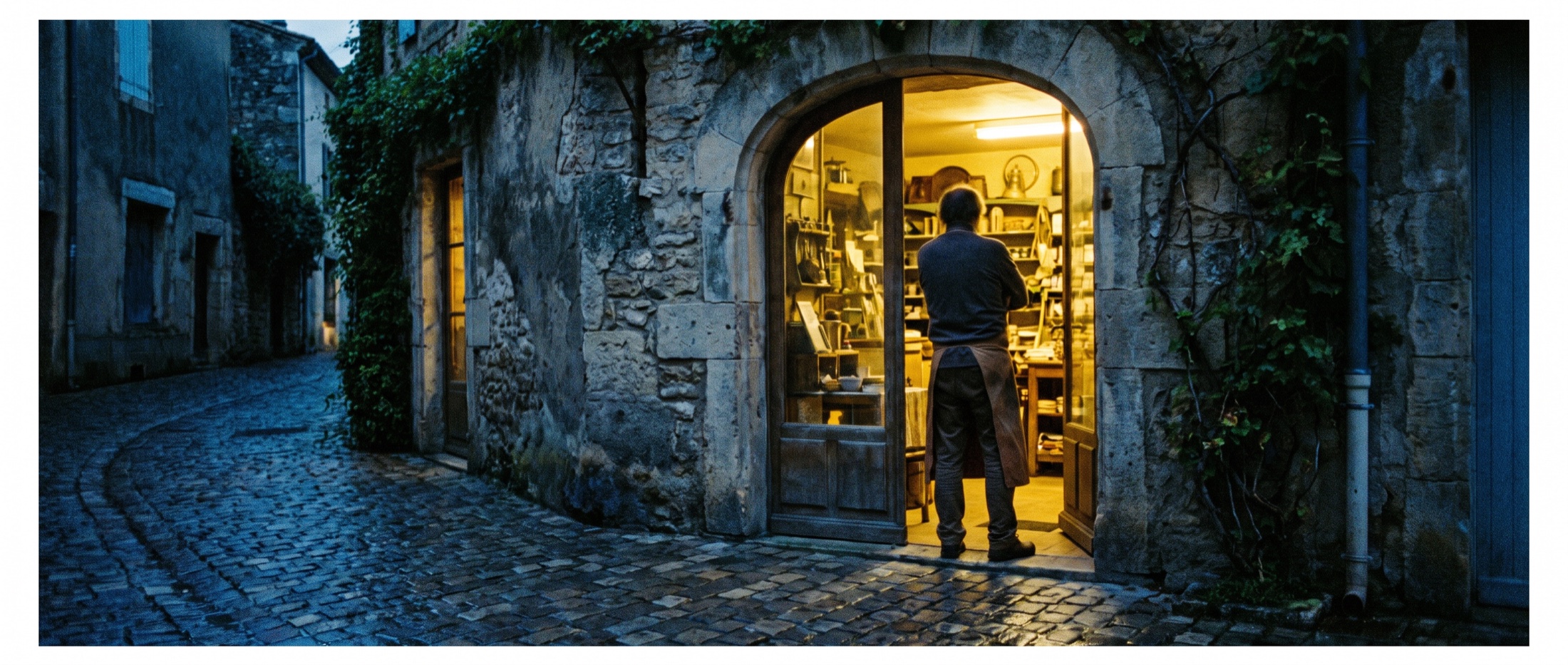 A shopkeeper in the doorway of their shop, on a French street
