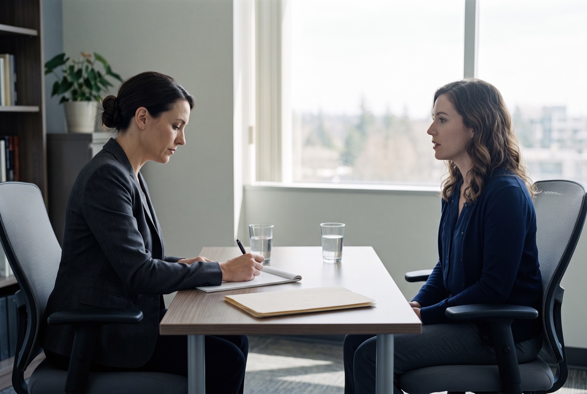 A screening interview in a bright office