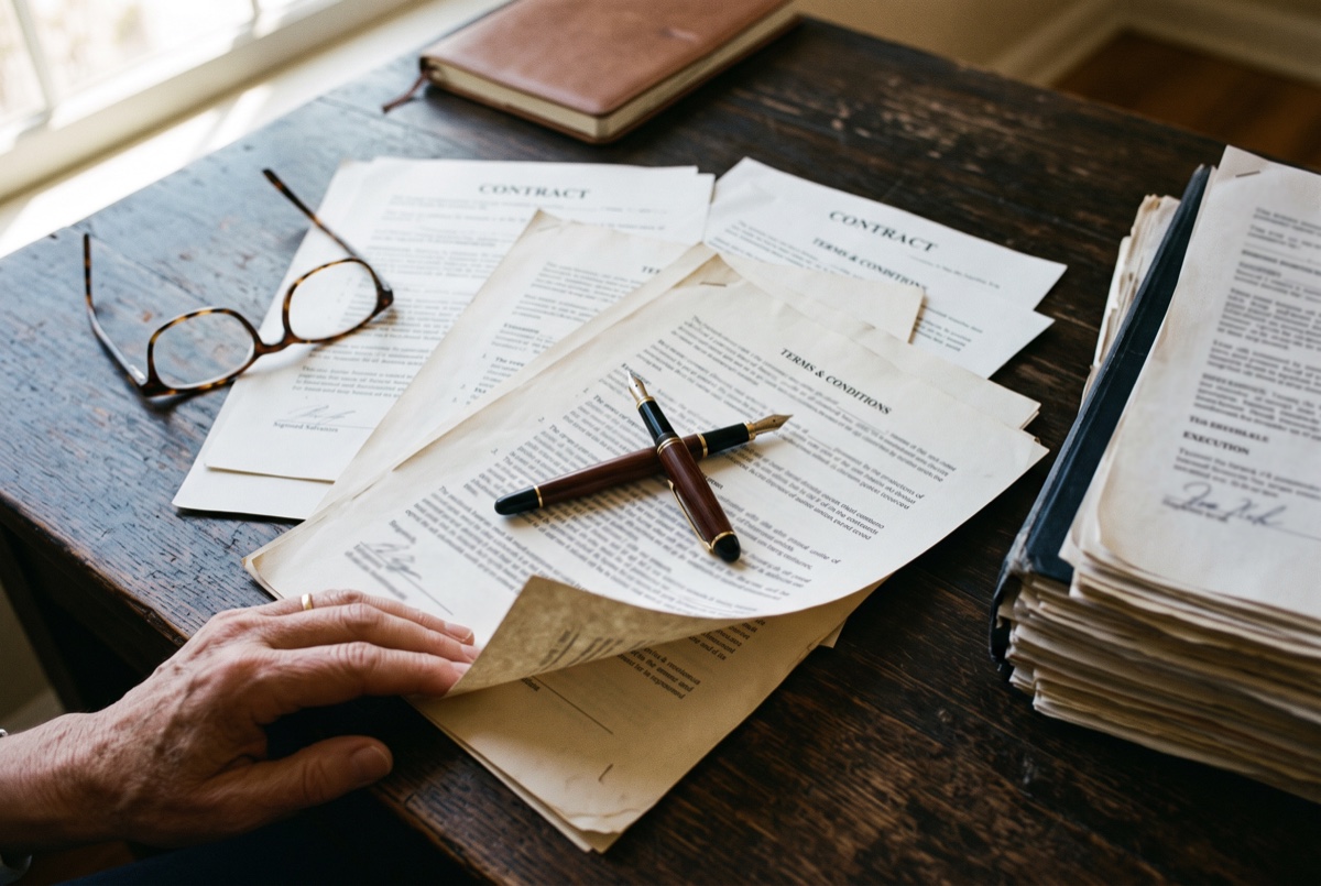 Documents contractuels et dossiers sur un bureau